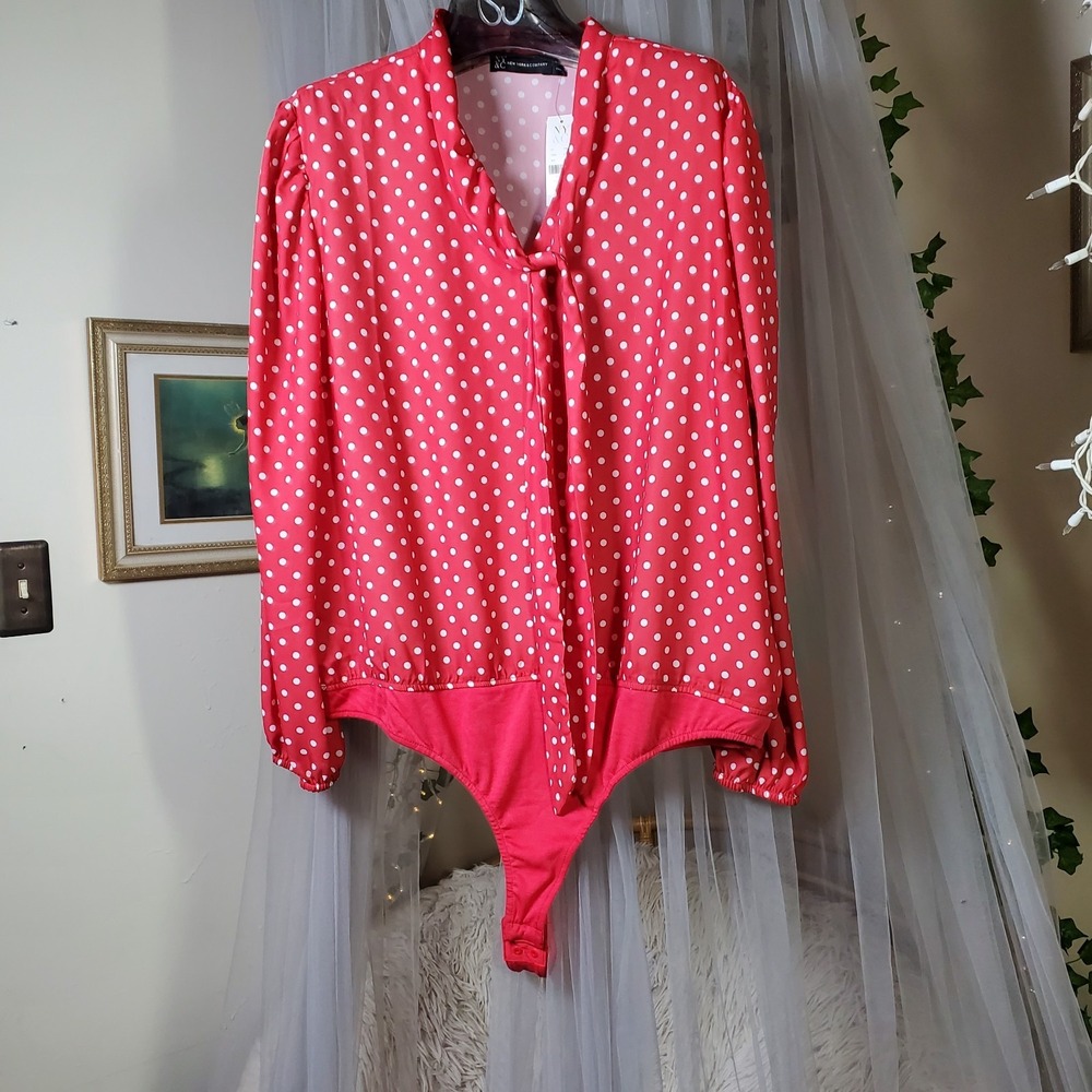 Festive Career Long Sleeve Bodysuit Polka Dot Blouse Size XL Pin Up Going Out